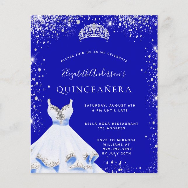 Budget Quinceanera königsblaue Kleidereinladung (Vorderseite)