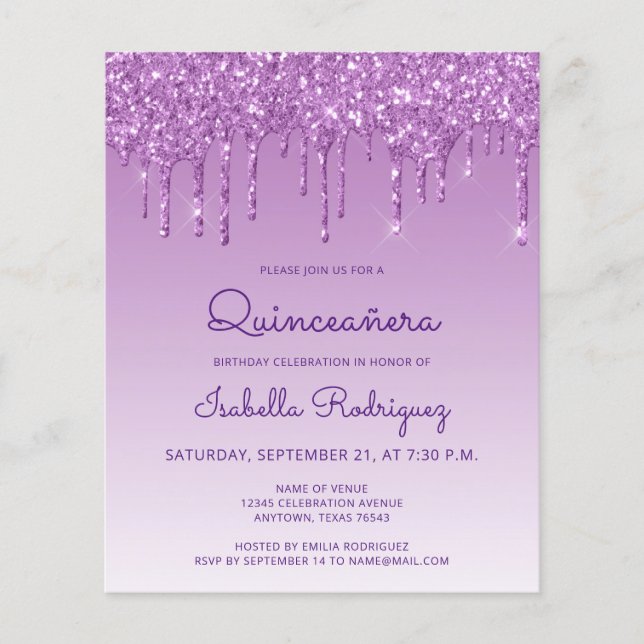 Budget Quinceañera Lila Glitzer Tropfen Einladung (Vorderseite)