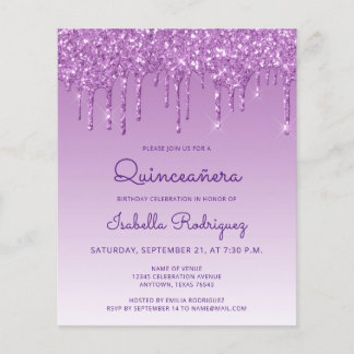 Budget Quinceañera Lila Glitzer Tropfen Einladung
