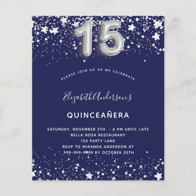 Budget Quinceanera Marine Blue Silber Einladung (Vorderseite)