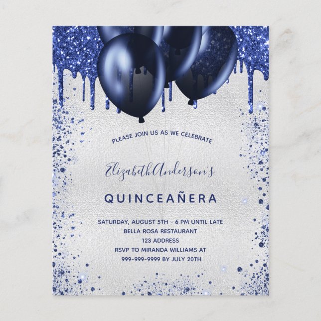 Budget Quinceanera Marine Blue Silber Einladung (Vorderseite)