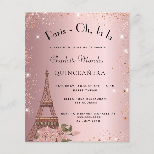 Budget Quinceanera Paris Rosa Einladung