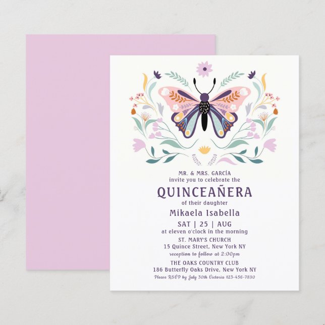 Budget Quinceañera Pink Lila Butterfly Floral (Vorne/Hinten)