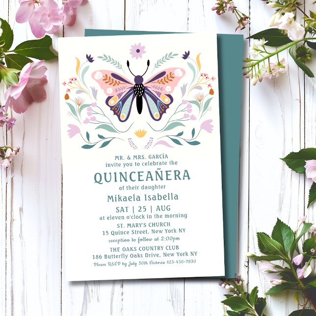 Budget Quinceañera Pink Lila Butterfly Floral Flyer (Von Creator hochgeladen)
