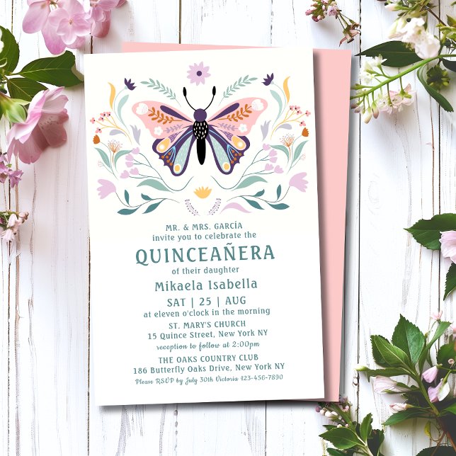 Budget Quinceañera Pink Lila Butterfly Floral Flyer (Von Creator hochgeladen)