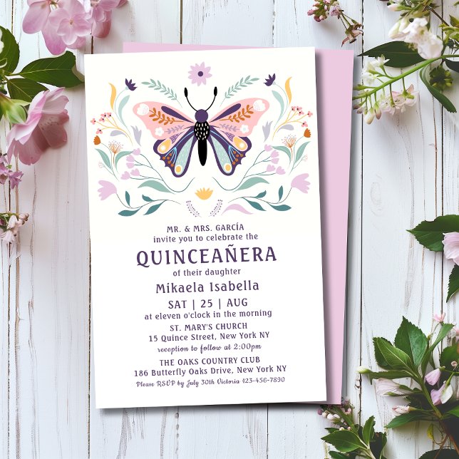 Budget Quinceañera Pink Lila Butterfly Floral Flyer (Von Creator hochgeladen)