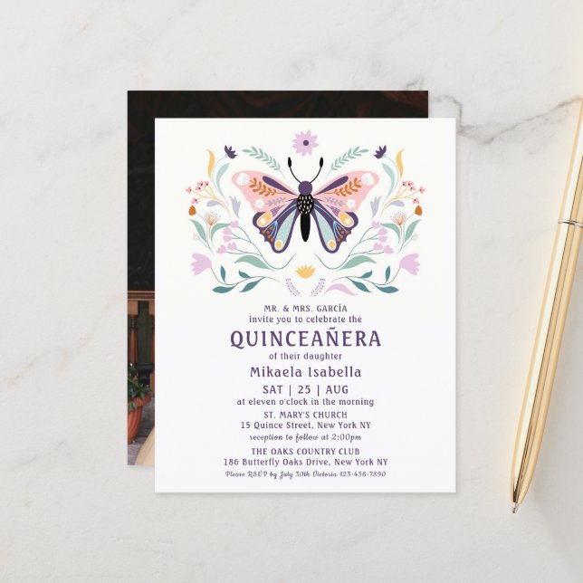 Budget Quinceañera Pink Lila Butterfly Foto (Vorderseite/Rückseite Beispiel)