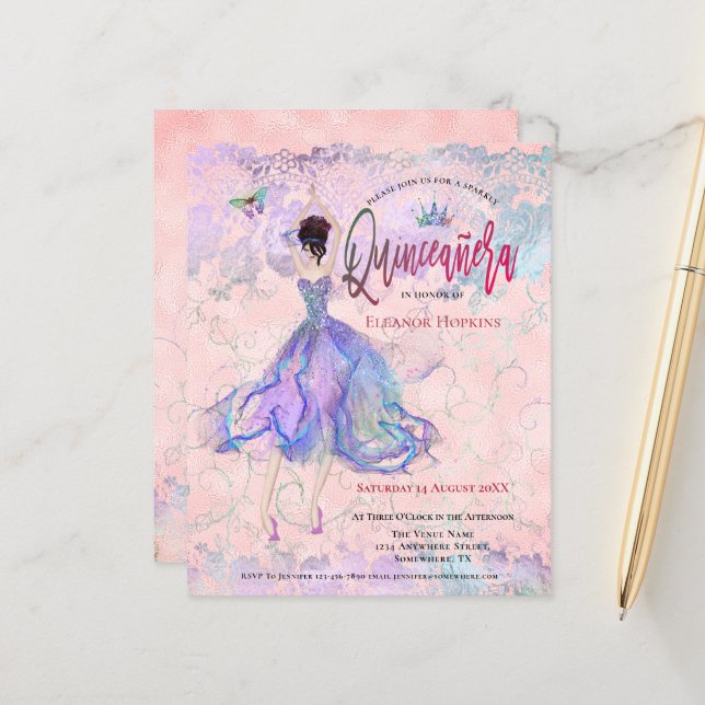 Budget Quinceanera Pink Tanz Mädchen Einladung (Vorderseite/Rückseite Beispiel)
