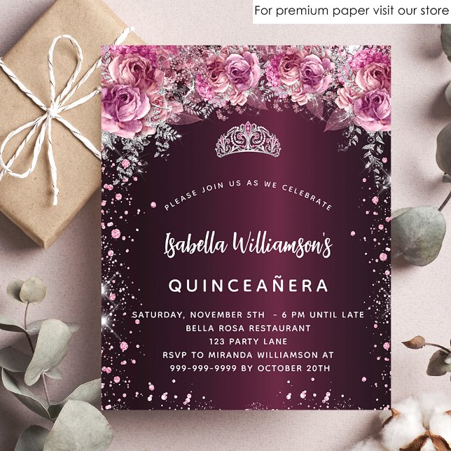 Budget Quinceanera rosa bordeauxrote Einladung Flyer (Von Creator hochgeladen)