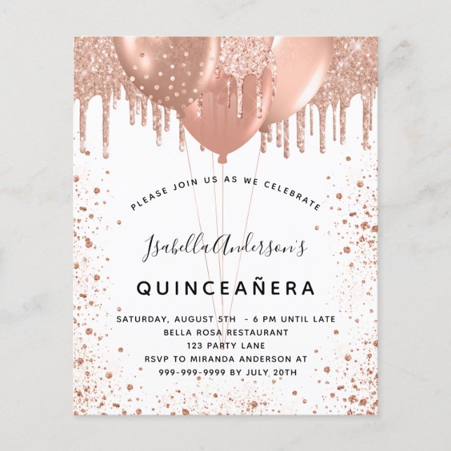 Budget Quinceanera Rose Gold Glitzer Einladung (Vorderseite)