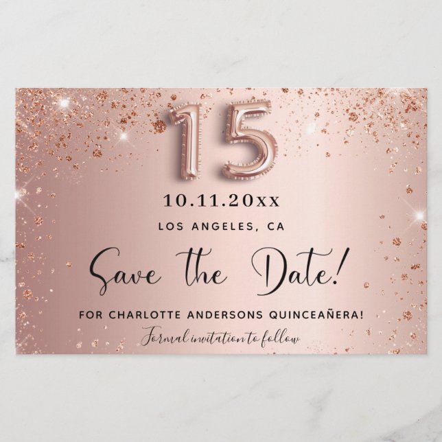 Budget Quinceanera Rose Gold Glitzer Save the Date (Vorderseite)