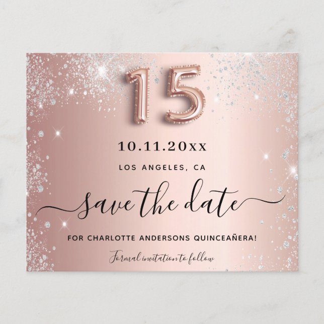 Budget Quinceanera Rose Gold Silber Save the Date (Vorderseite)