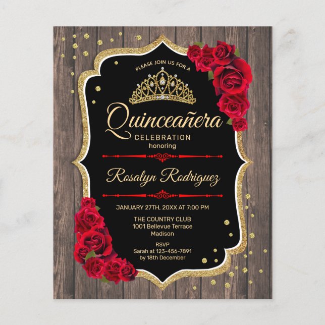 Budget Quinceanera Rustikales Holz Gold Rote Einla Flyer (Vorne)