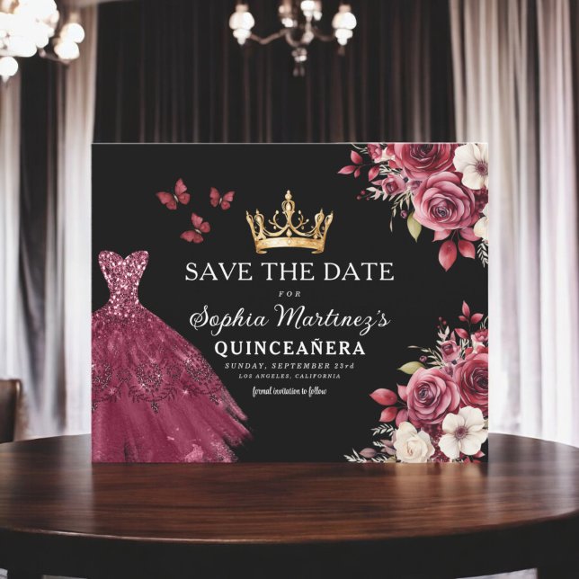Budget Quinceanera Save the Date Blumenburgund Flyer (Von Creator hochgeladen)