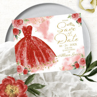 Budget Quinceanera Save the Date Red Gown