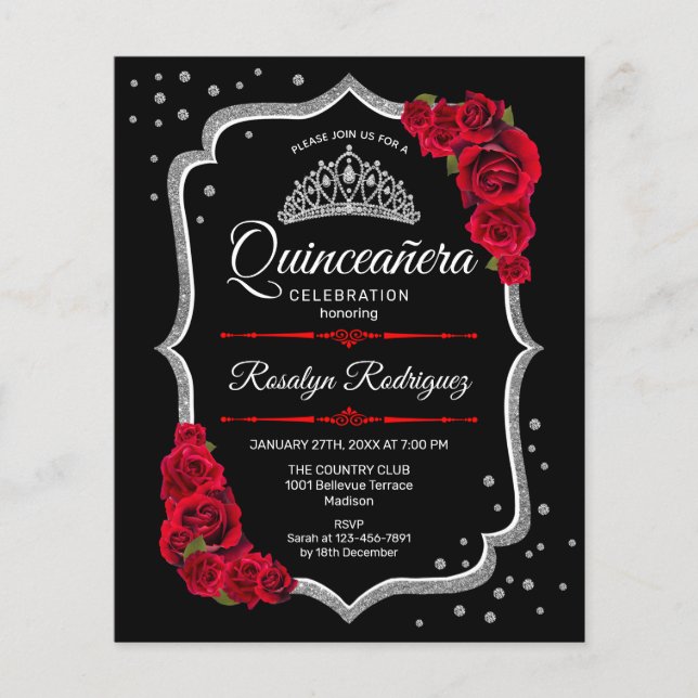 Budget Quinceanera - Schwarz-Silber-Rote Einladung Flyer (Vorne)
