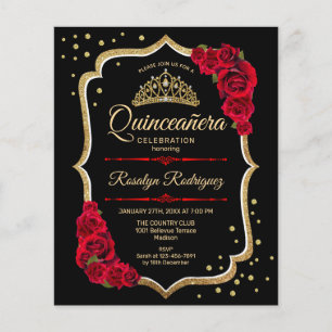 Budget Quinceanera - Schwarzes Rotes Gold Einladun Flyer