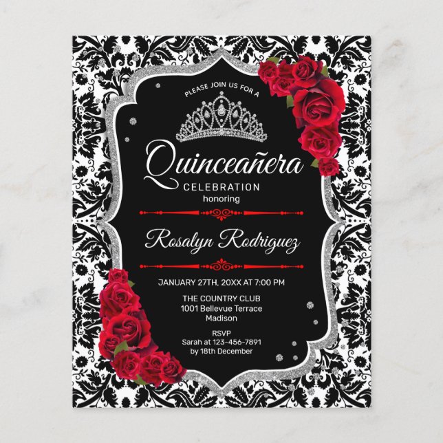 Budget Quinceanera - Schwarzes Rotes Silber Einlad Flyer (Vorne)