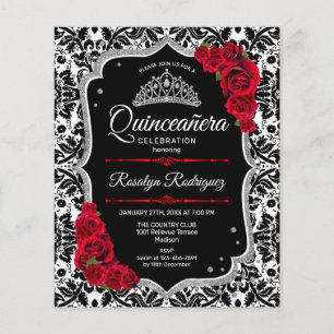 Budget Quinceanera - Schwarzes Rotes Silber Einlad Flyer