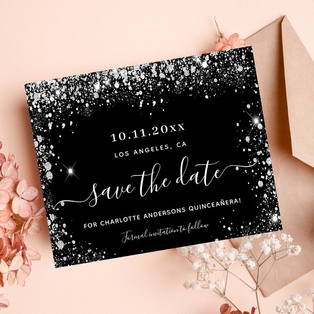 Budget Quinceanera schwarzes Silber Save the Date (Von Creator hochgeladen)