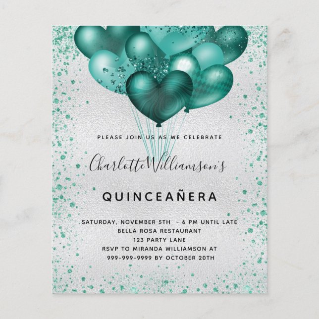 Budget Quinceanera Silber aquamarine Glitzer Einla (Vorderseite)