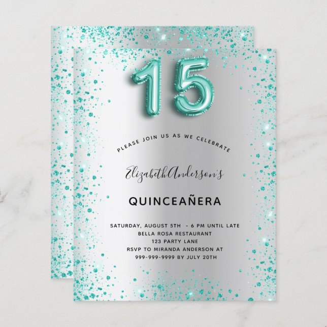 Budget Quinceanera Silber aquamarine Glitzer Einla (Vorne/Hinten)