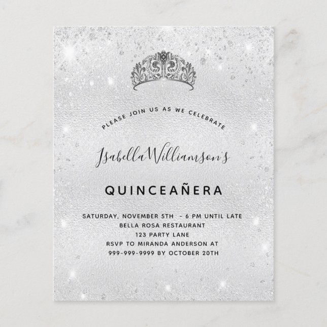Budget Quinceanera silber Glitzer Tiara Einladung (Vorderseite)