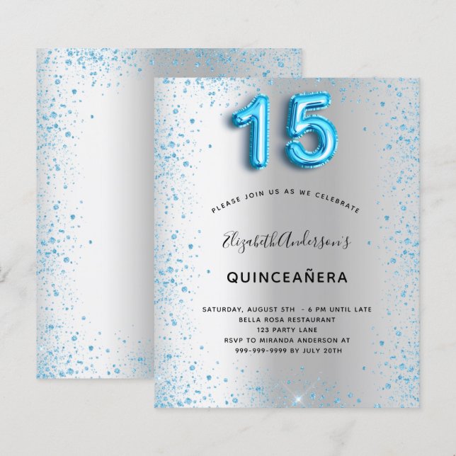 Budget Quinceanera Silberblauer Glitzer Einladung (Vorne/Hinten)