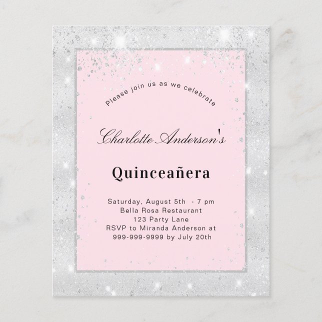 Budget Quinceanera Silberröschen Rosa Glitzer Stau (Vorderseite)