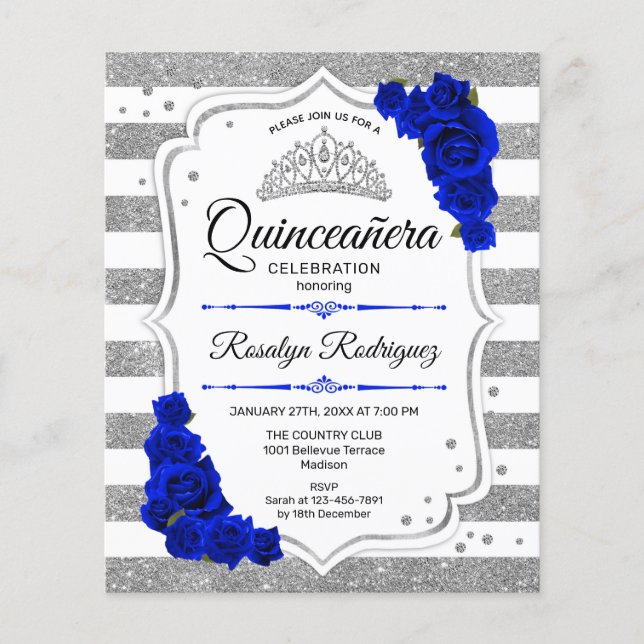 Budget Quinceanera Silver Royal Blue Einladung Flyer (Vorne)