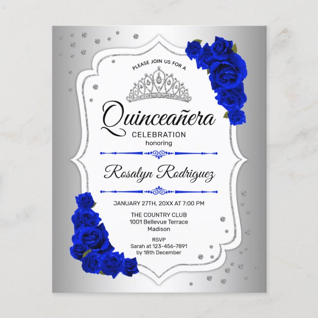 Budget Quinceanera Silver White Royal Blue Einladu Flyer (Vorne)