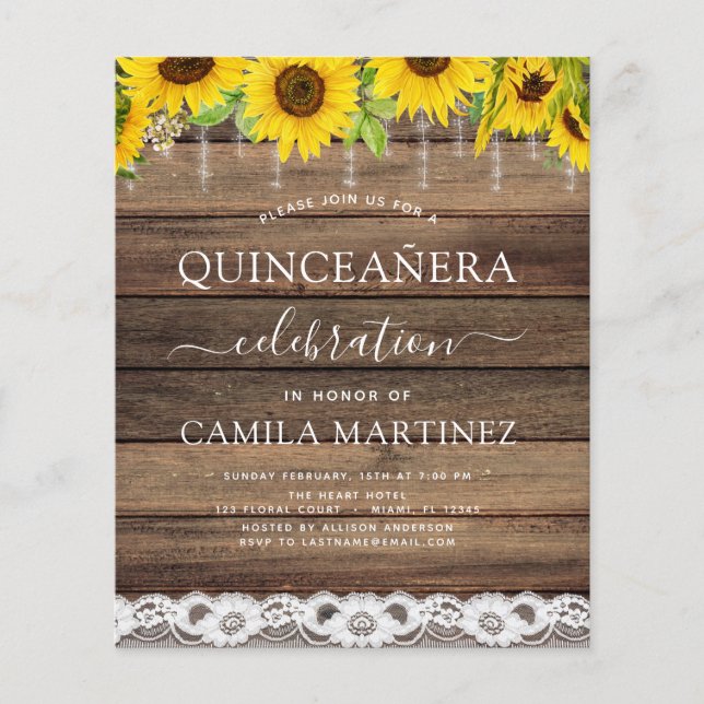 Budget Quinceanera Sonnenblume Rustikale Einladung Flyer (Vorne)
