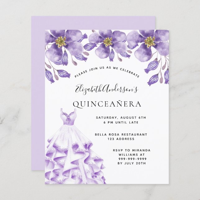 Budget Quinceanera violettes weißes Kleid Blumenmu (Vorne/Hinten)