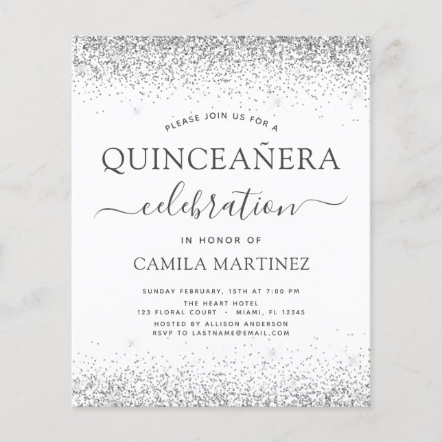 Budget Quinceanera White Silver Glitzer Einladung (Vorderseite)