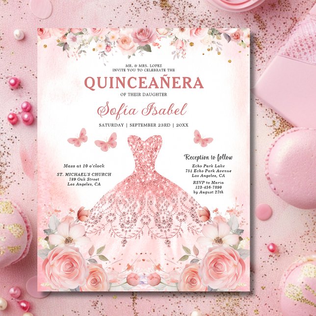 Budget Quinceñera Blush Pink Floral Butterfly Flyer (Von Creator hochgeladen)