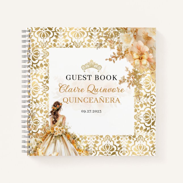 Budget Radiant Gold Floral Quinceanera Gästebuch Notizbuch (Vorderseite)