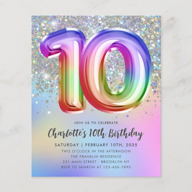 Budget Rainbow Glitzer Foil Ballon 10. Geburtstag (Vorderseite)