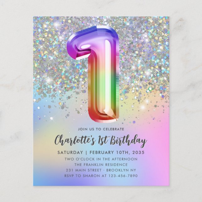 Budget Rainbow Glitzer Foil Girl 1. Geburtstag (Vorderseite)