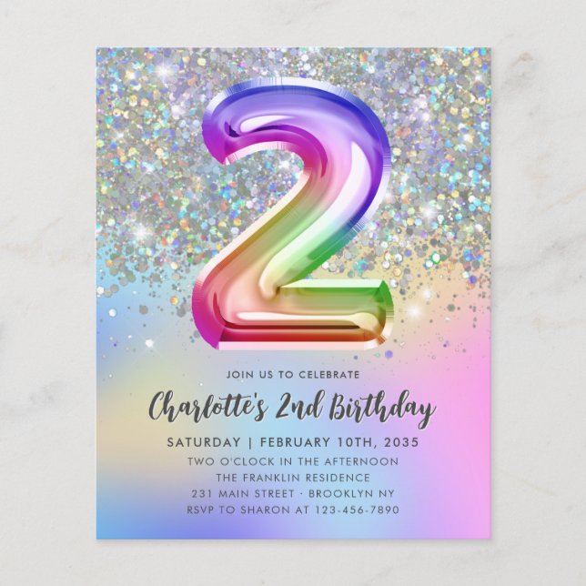 Budget Rainbow Glitzer Foil Girl 2. Geburtstag (Vorderseite)