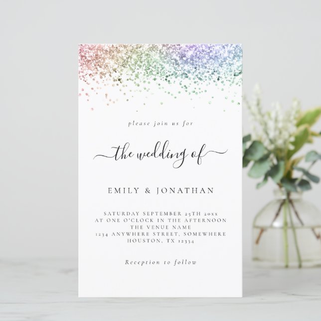 Budget Rainbow Glitzer Wedding White Invite (Stehend Vorderseite)