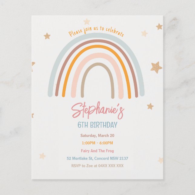 Budget Rainbow Stars Geburtstagsparty Einladung Flyer (Vorne)
