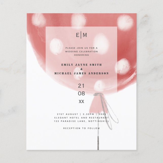 Budget Red Balloon Modern Simple Wedite Einladung (Vorderseite)