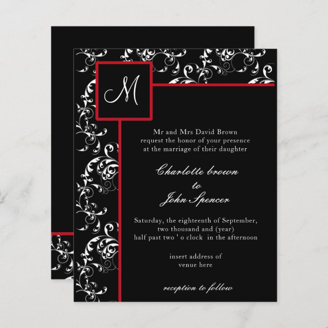 Budget Red Black Damask Hochzeitseinladungen (Vorne/Hinten)