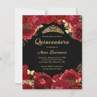Budget Red Black Floral Quinceanera Einladung