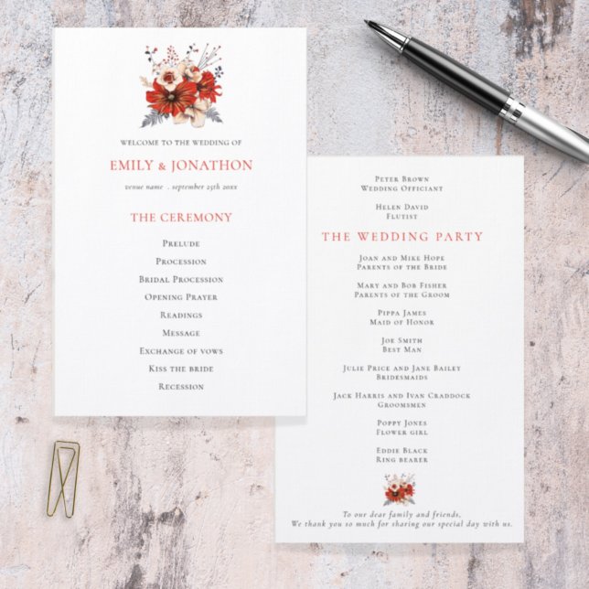 Budget Red Cream Florals Foliage Wedding Programm (Von Creator hochgeladen)