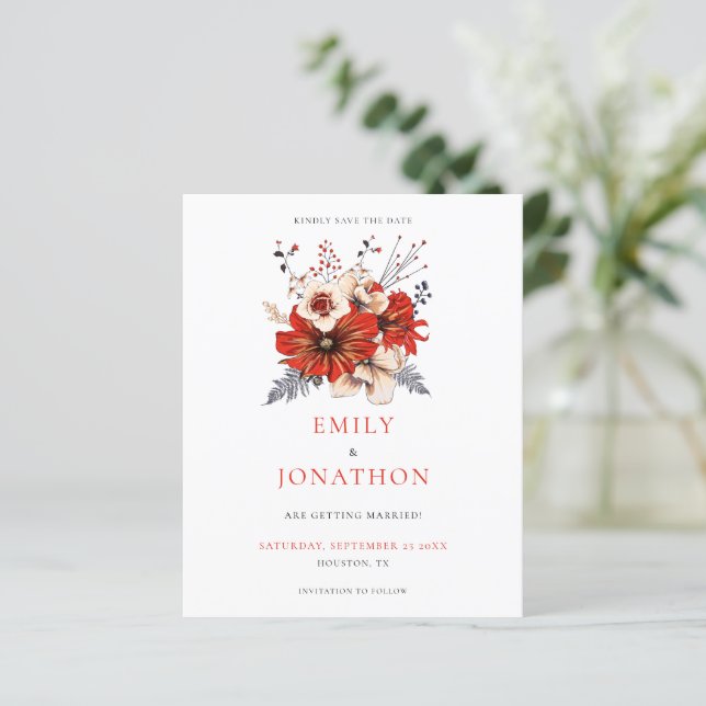 Budget Red Florals Wedding rettet das Datum (Stehend Vorderseite)