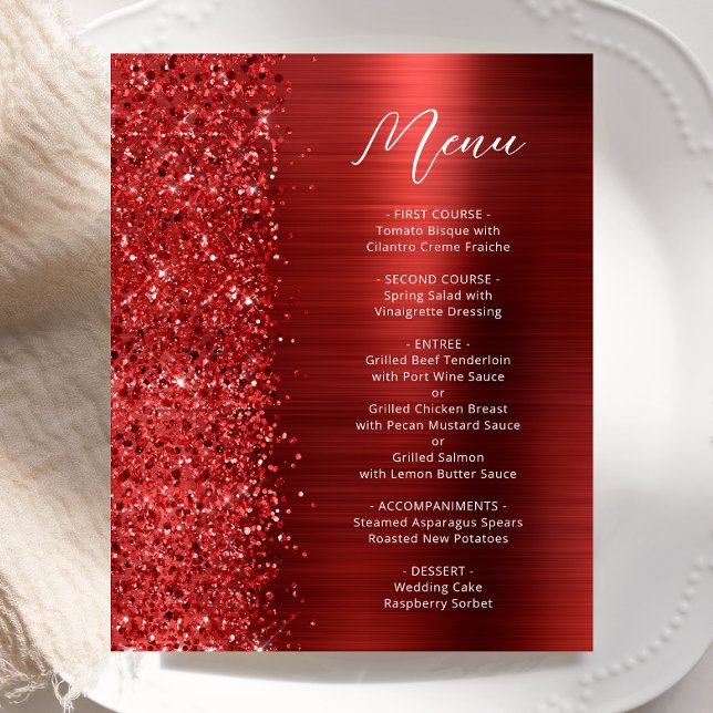 Budget Red Glam Glitter Script Wedding Menu (Von Creator hochgeladen)