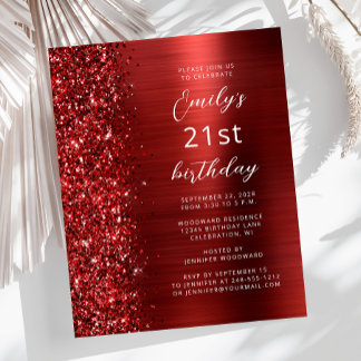 Budget Red Glam Glitzer 21. Geburtstag Einladung