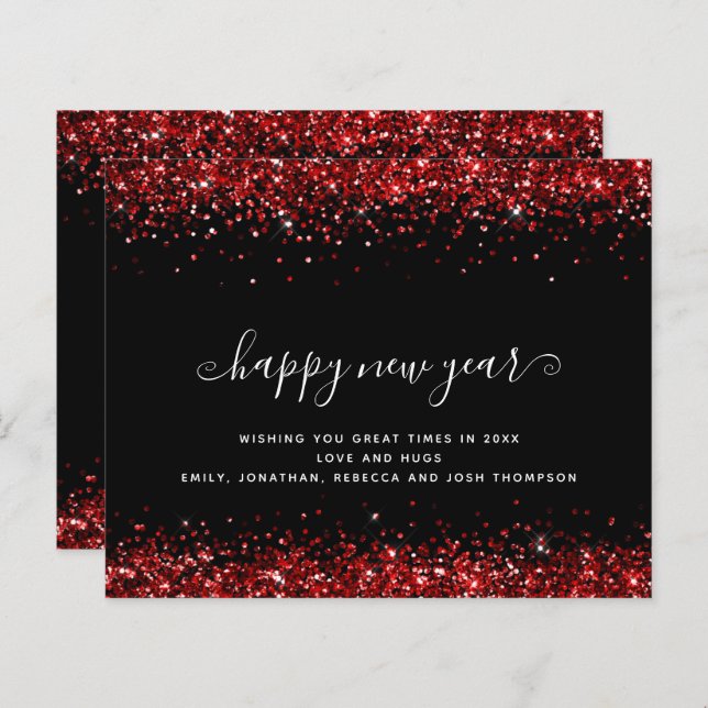 Budget Red Glitzer Black Happy New Year Card (Vorne/Hinten)