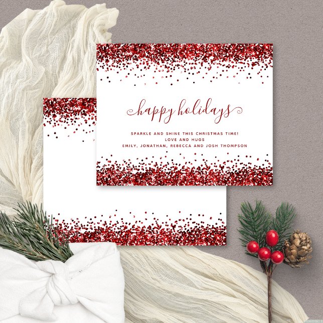 Budget Red Glitzer Borders Happy Holidays Card (Budget price 4.5 x 5.6" alternative. Front and back view)